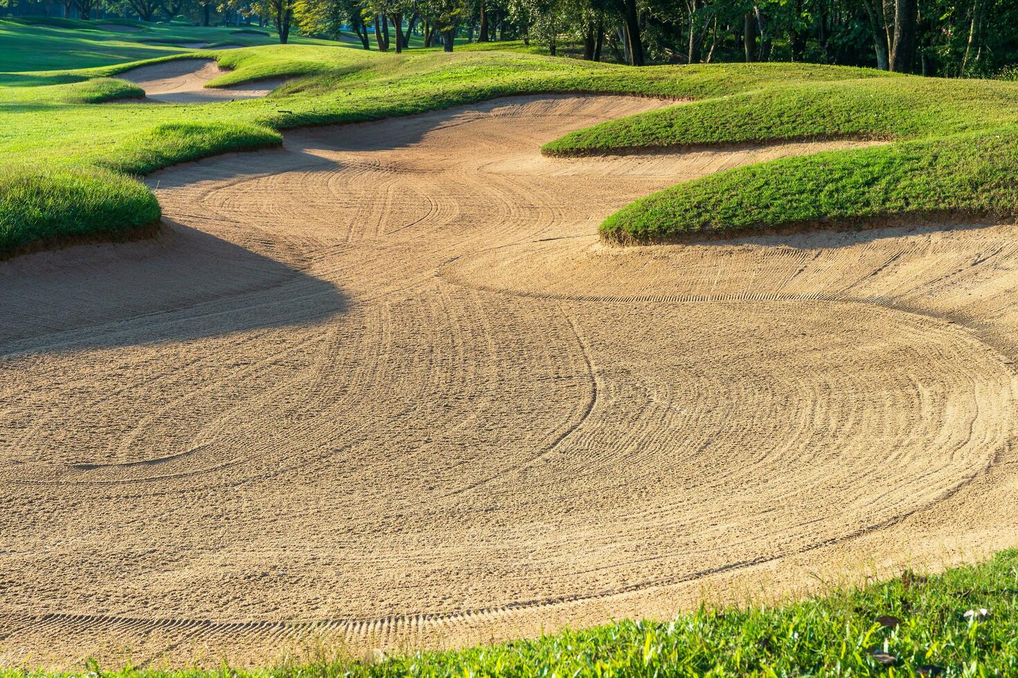 Golf Course Sand Pit Bunkers, green grass surrounding the beautiful sand holes is one of the most challenging obstacles for golfers and adds to the beauty of the golf course. photo