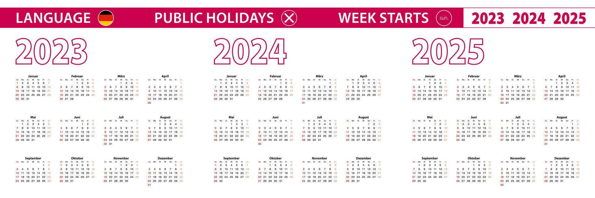 2023, 2024, 2025 year vector calendar in German language, week starts