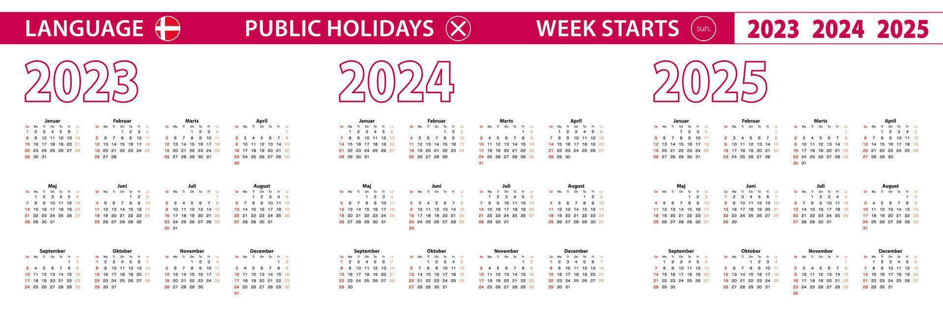2023, 2024, 2025 año vector calendario en danés idioma, semana empieza en domingo.