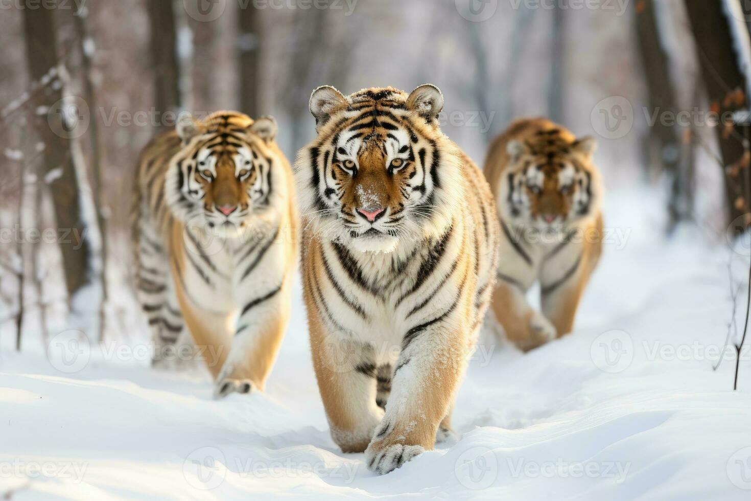 ai generado grupo de siberiano tigres en salvaje invierno naturaleza. foto