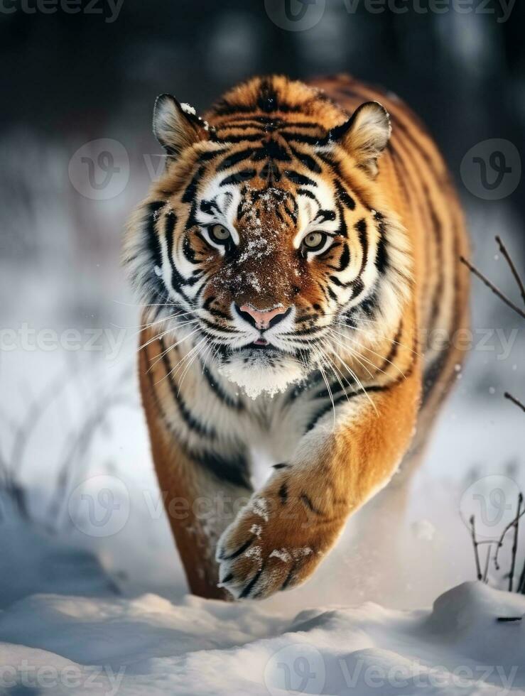 ai generado Tigre en salvaje invierno naturaleza. amur Tigre corriendo en el nieve. foto