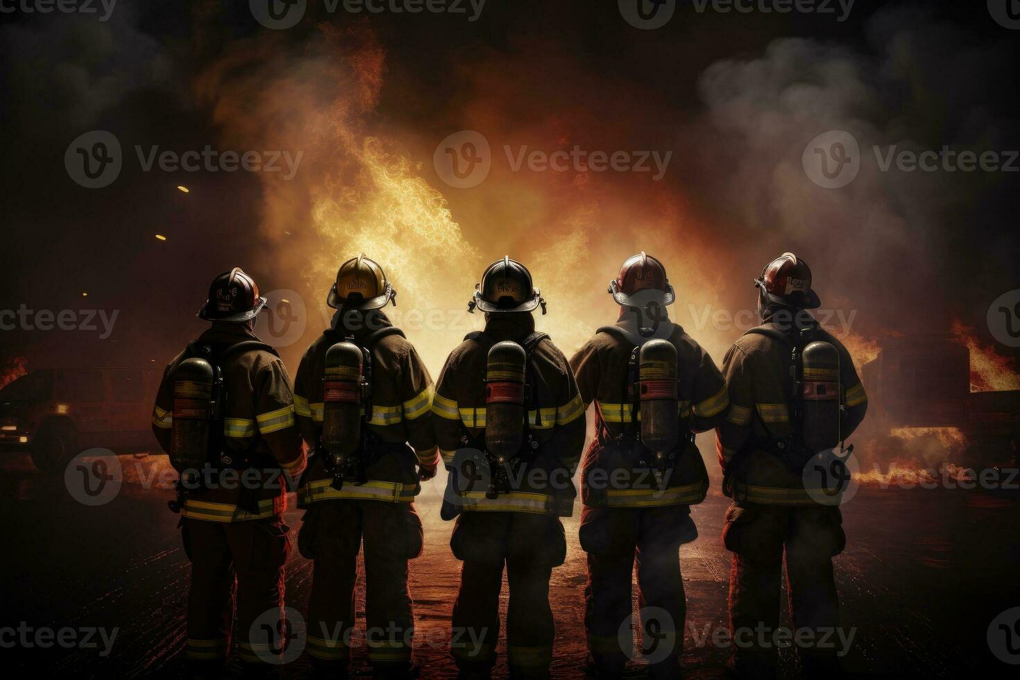 AI generated Team of firefighters in front of the flames photo
