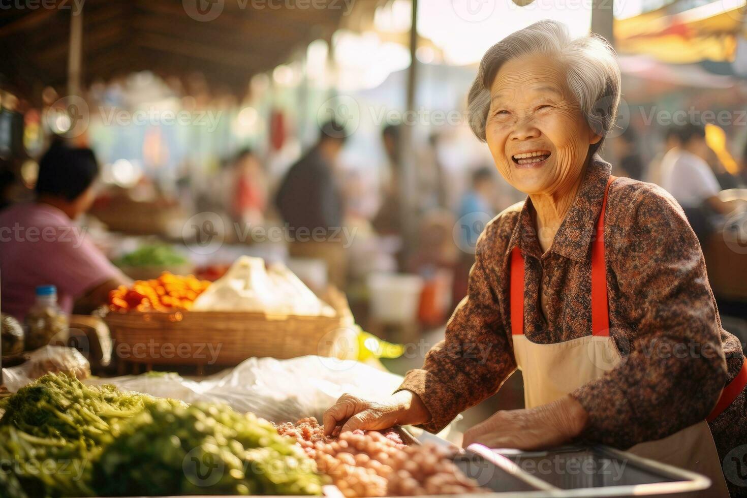 AI generated Elderly asian lady on the food market photo