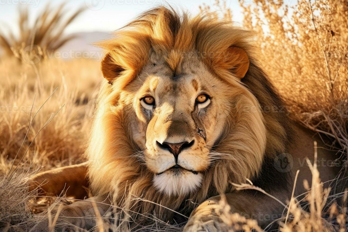 AI generated Big male African lion, Panthera leo lying in the grass photo