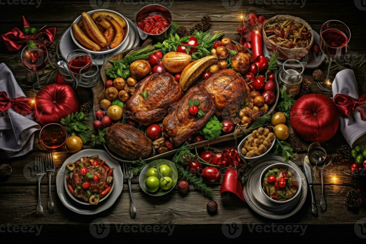 AI Generated A table is set with a turkey and other holiday foods, AI photo
