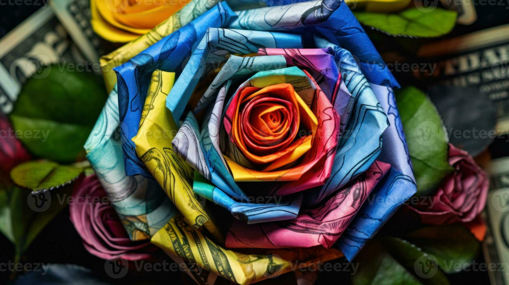 AI Generated A multicolored rose made of money bills is sitting on a pile of money, AI photo