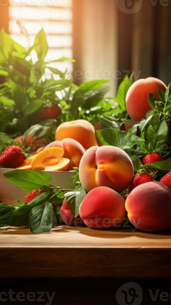 AI Generated A wooden table topped with lots of fresh fruit, AI photo