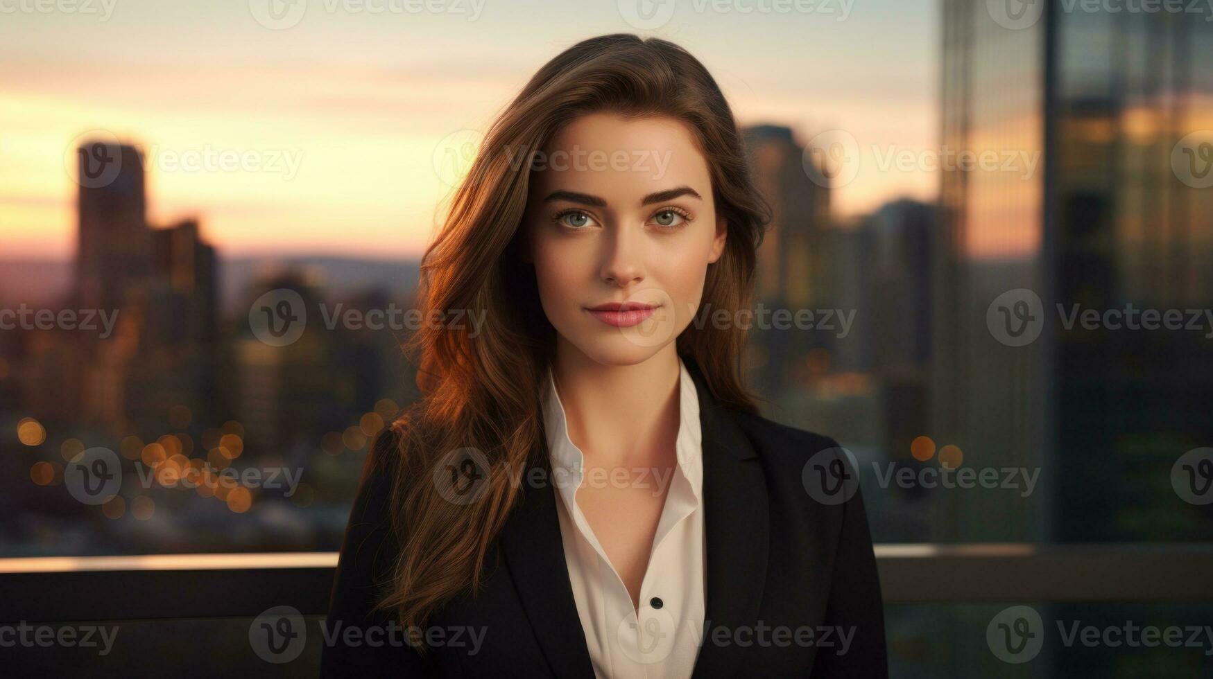 AI Generated A woman in a business suit standing in front of a window, AI photo
