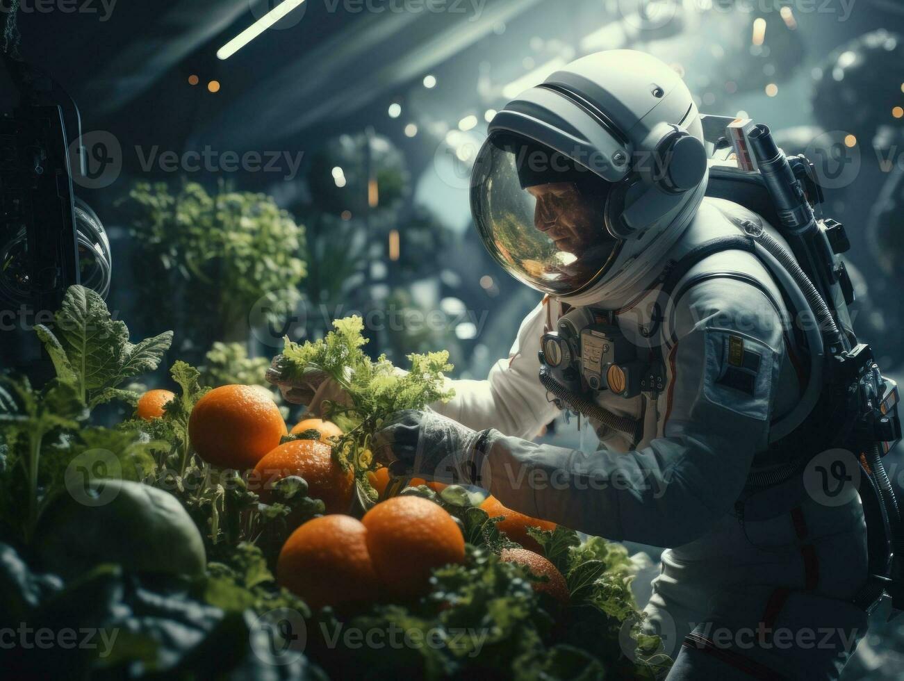 AI Generated A man in space suit picking up oranges from a garden, AI photo