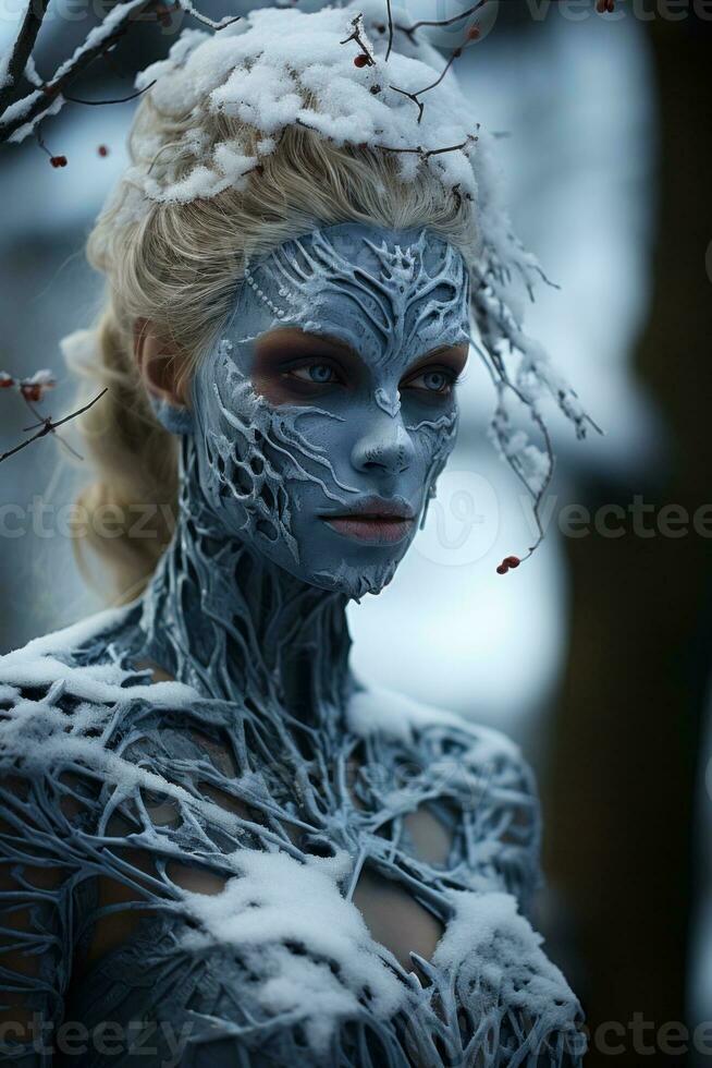 AI Generated A woman with frost on her face and body, AI photo