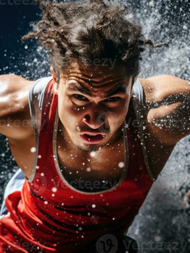 AI Generated A man in red tank top with dreadlocks jumping into water, AI photo