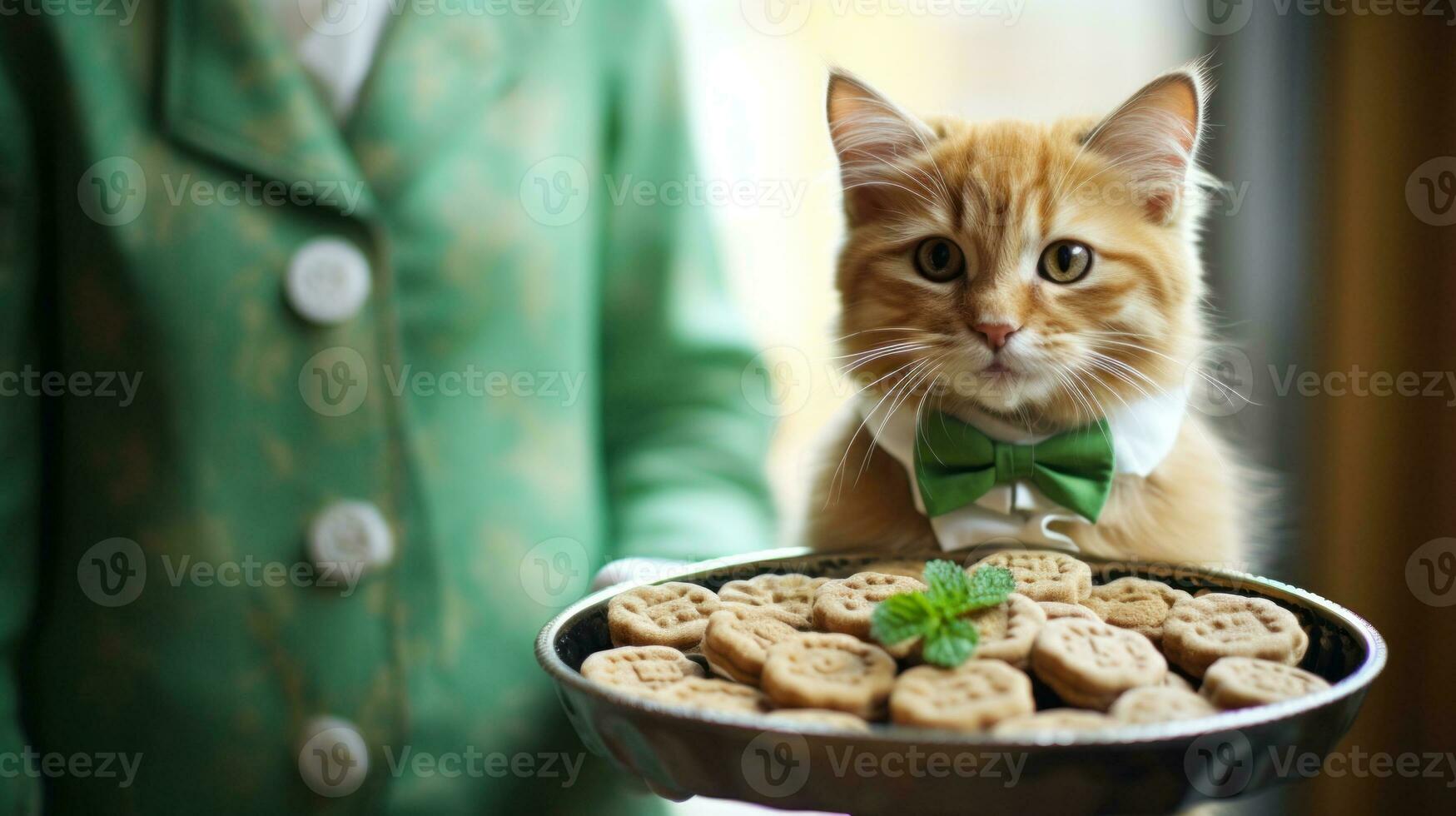 AI Generated A cat in a green bow tie holding up a tray of cookies, AI photo