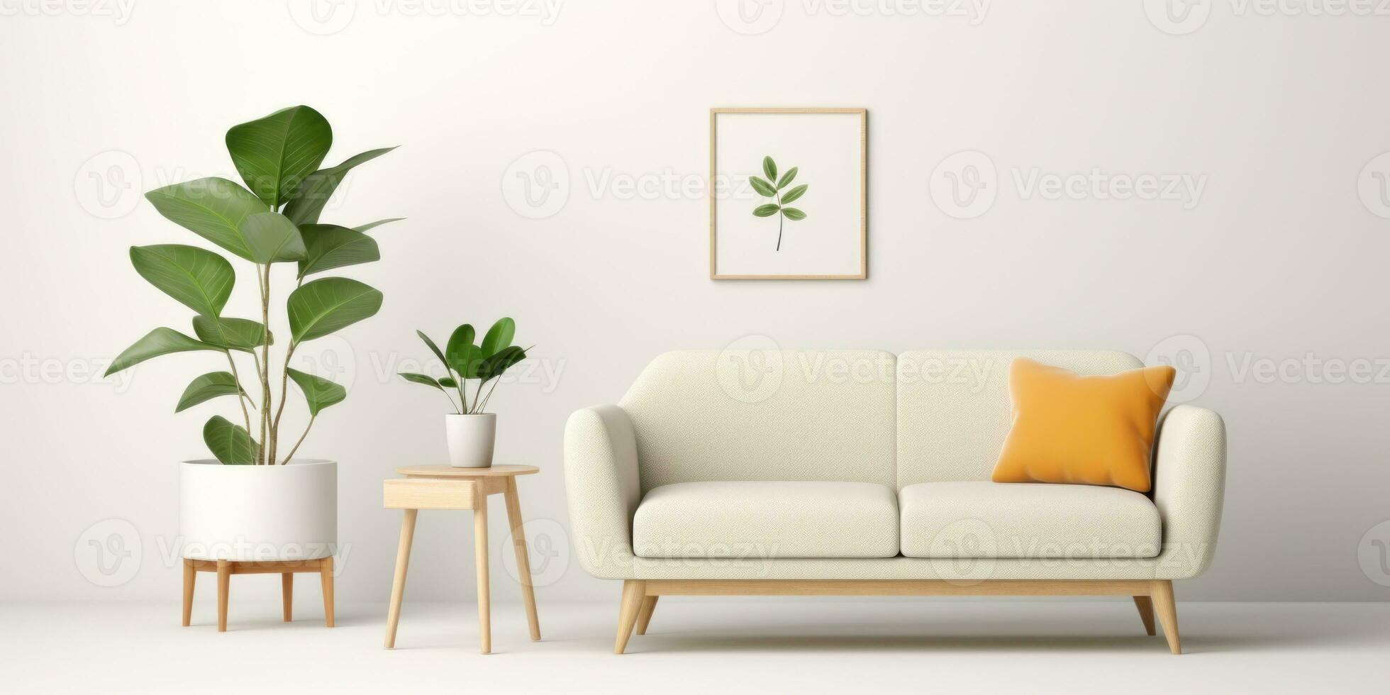 AI Generated A white couch sitting next to a plant in a living room, AI photo