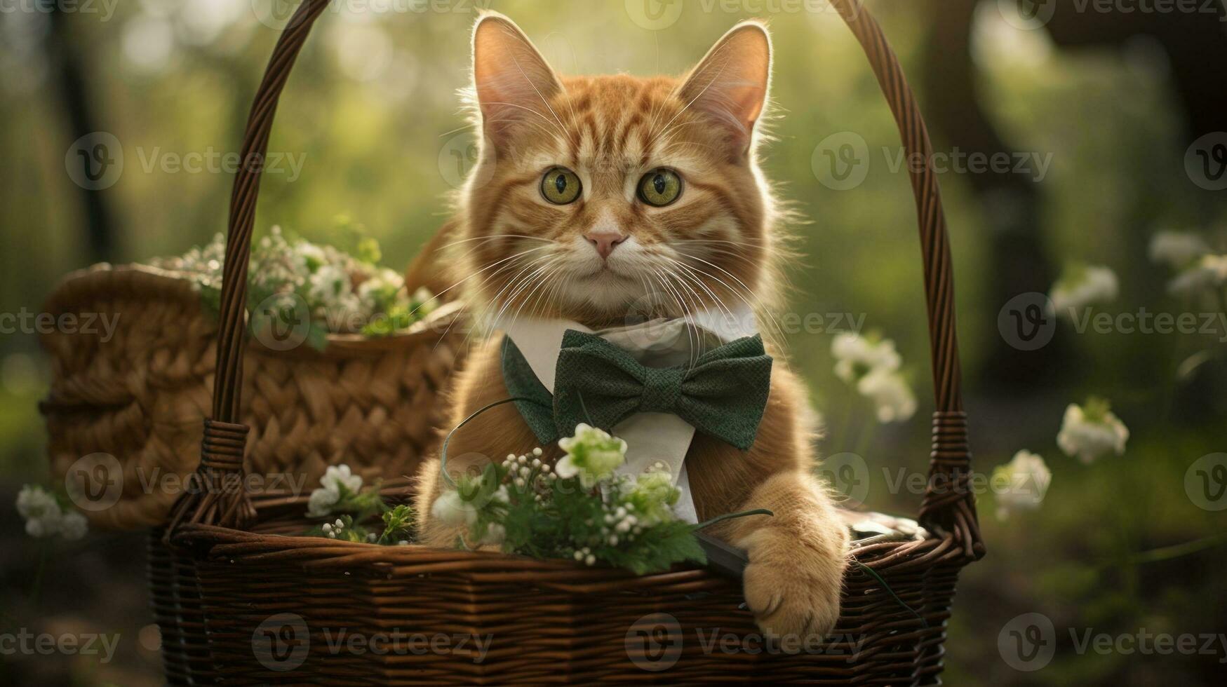 ai generado un gato en un cesta con flores y hojas, ai foto