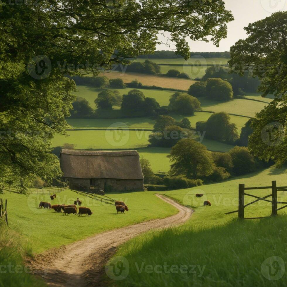 ai generado serenidad en el Inglés campo un vislumbrar dentro rural granja vida foto