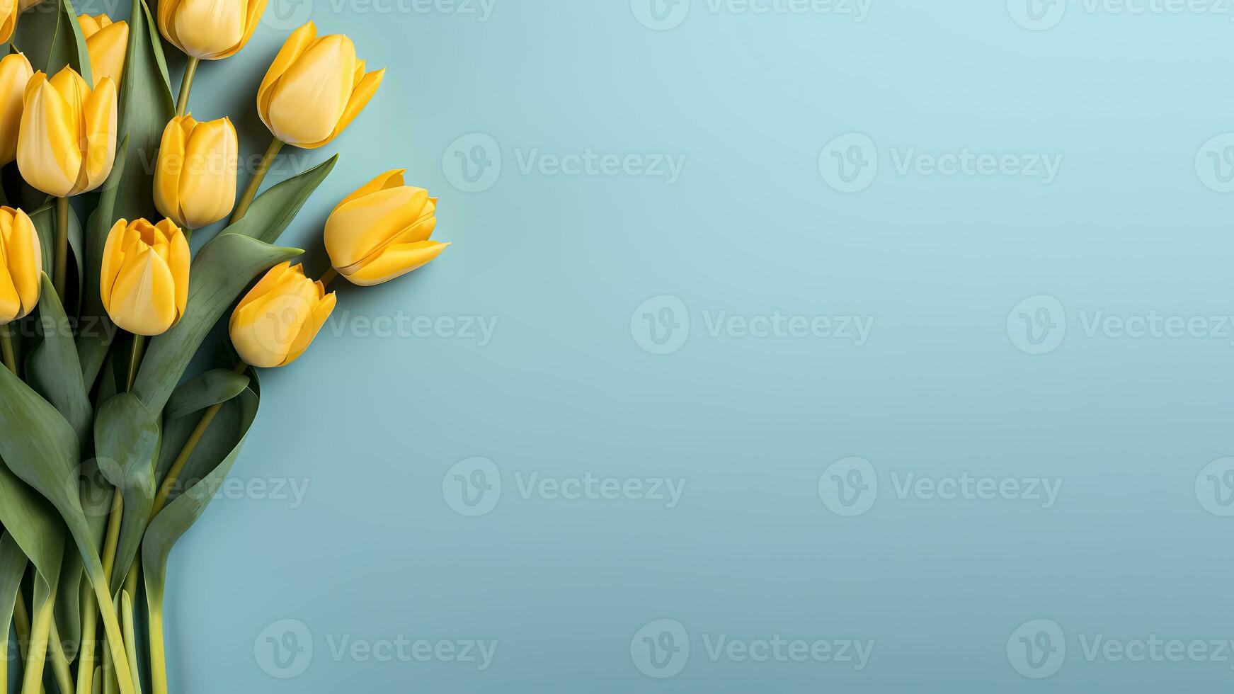 ai generado brillante amarillo tulipanes en azul antecedentes con Copiar espacio para texto. Fresco primavera flores ramo. plano poner, parte superior vista. mínimo floral bandera. Pascua de Resurrección, san valentin día, madres día concepto foto