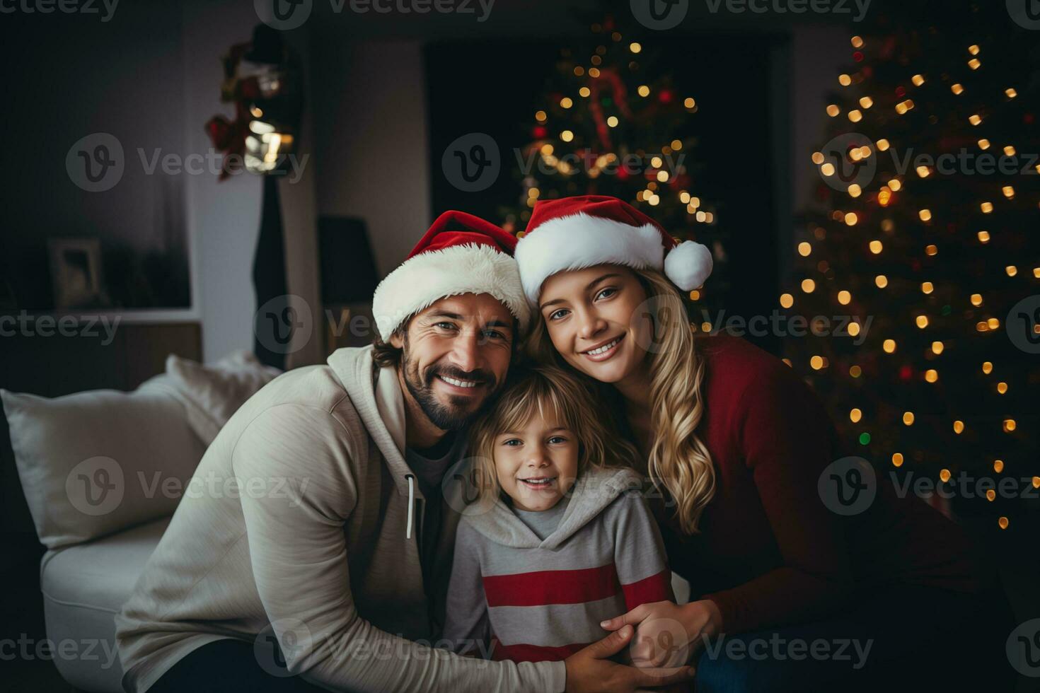 AI generated Happy family wear Santa hat celebrate Christmas at home. Celebration, party and holidays concept photo