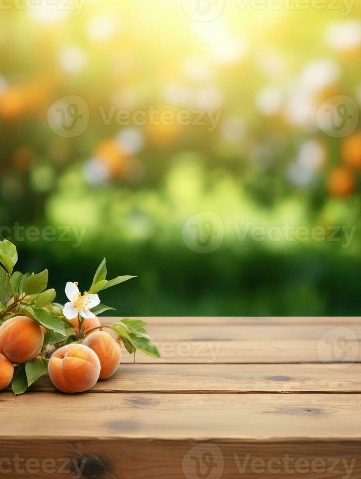 AI generated Wooden table top with apricots on blur background with apricot orchard photo