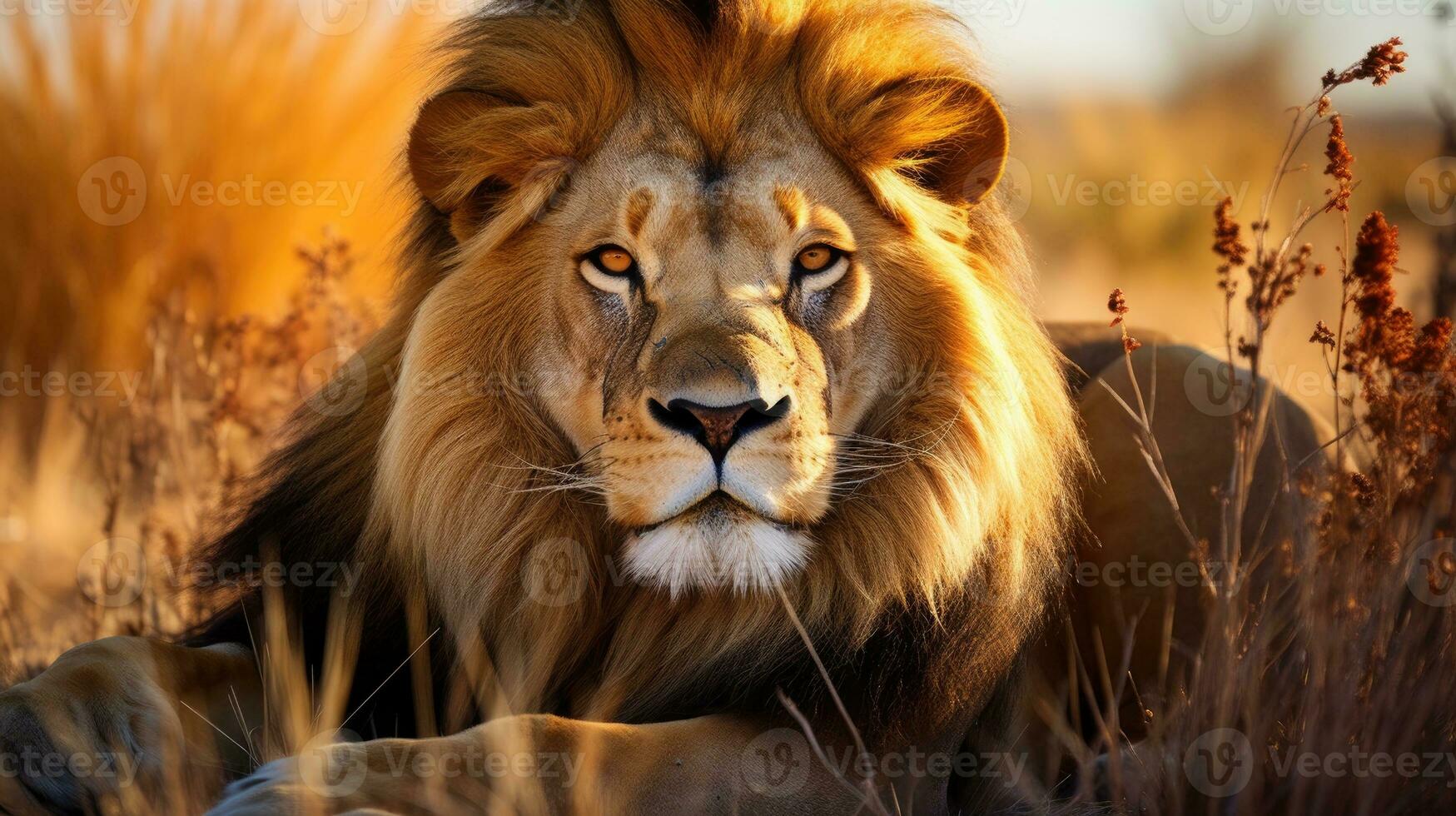 AI generated Big male African lion lying in the grass photo