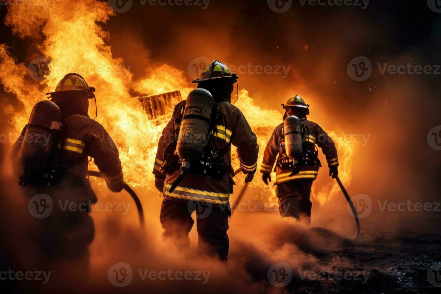 AI generated Team of firefighters extinguishing blazing flames photo