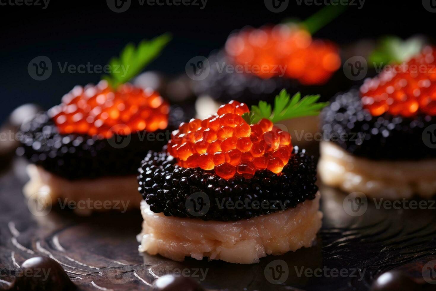 AI generated Black and red fish caviar. Canapes with caviar photo