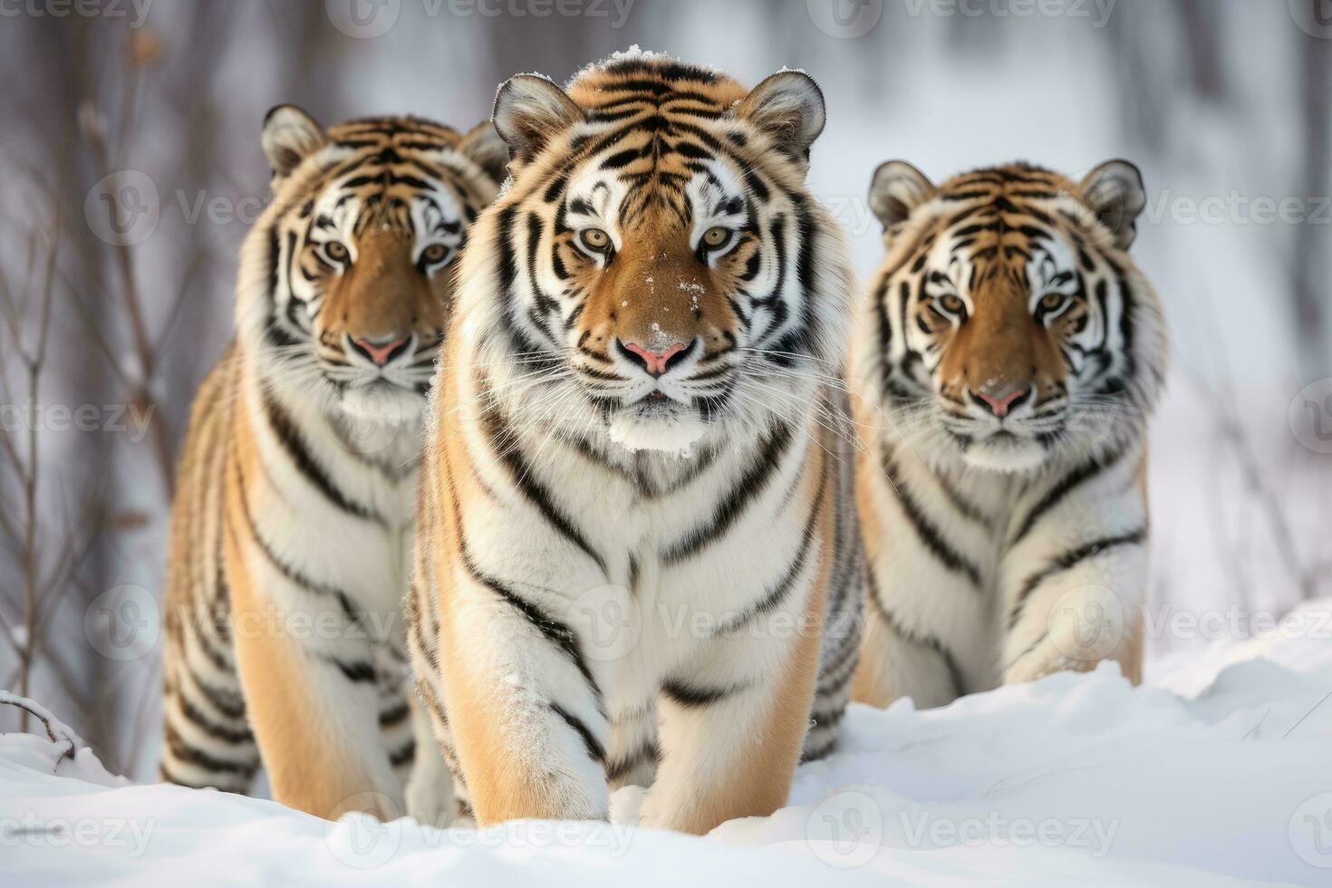 ai generado grupo de siberiano tigres en salvaje invierno naturaleza. foto