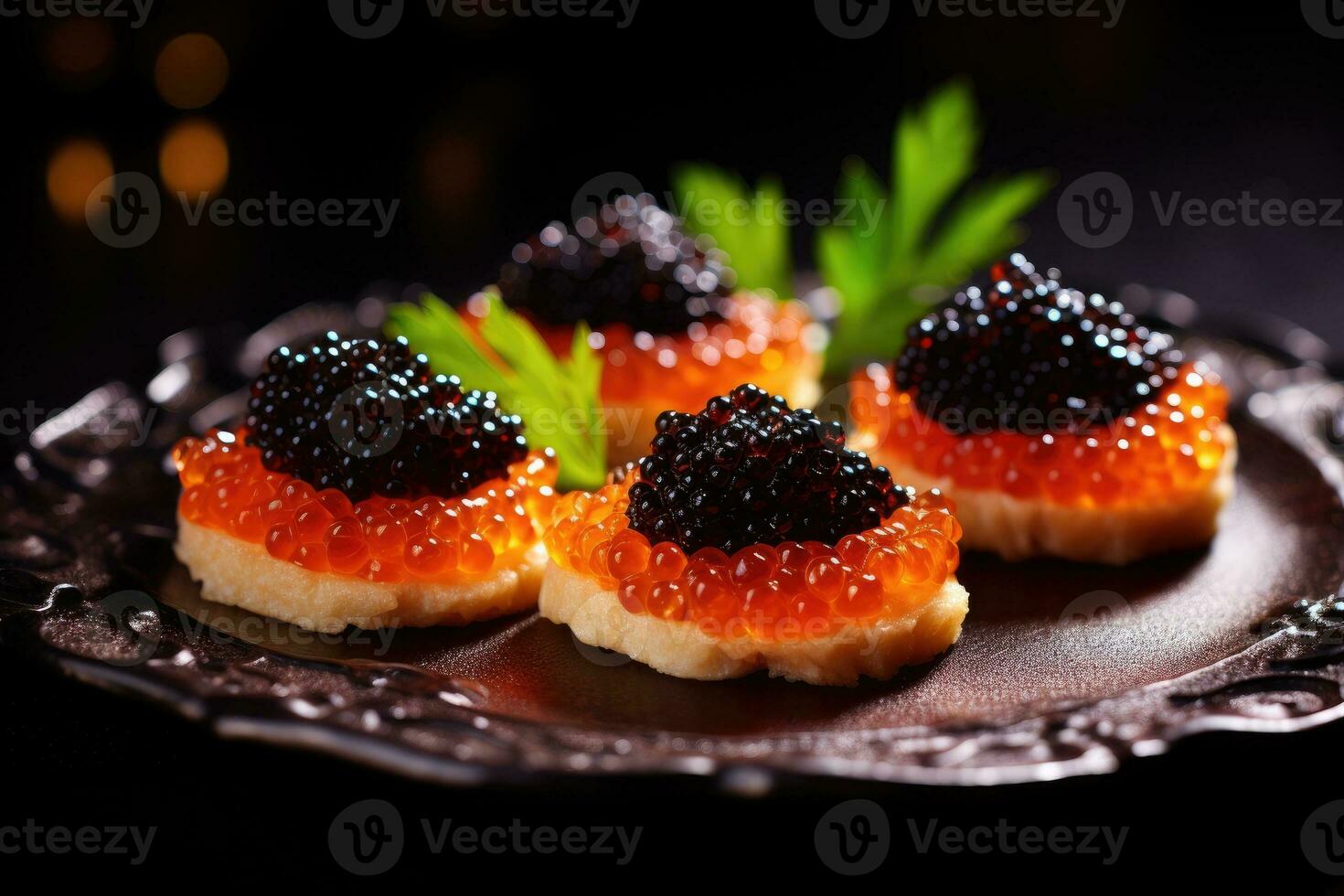 AI generated Black and red fish caviar. Canapes with caviar photo