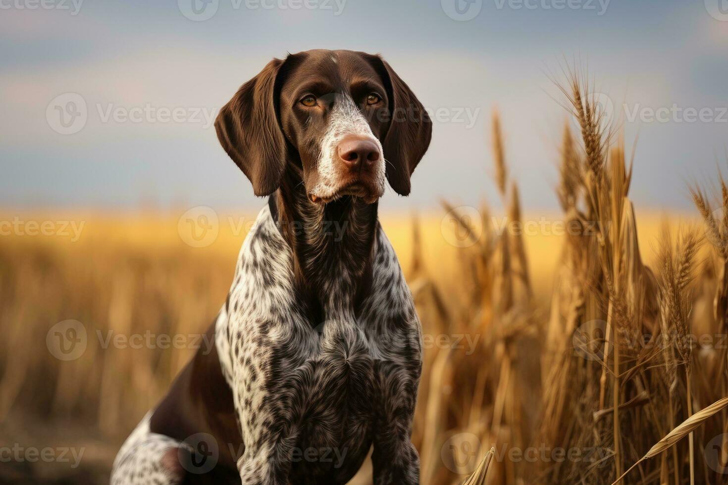 AI generated German shorthaired pointer. Hunting dog in the field. photo