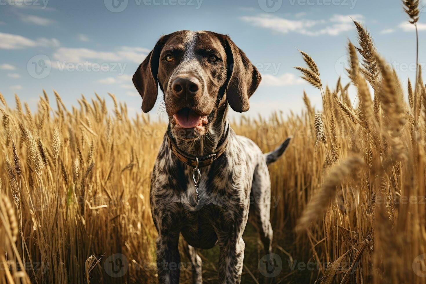 AI generated German shorthaired pointer. Hunting dog in the field. photo