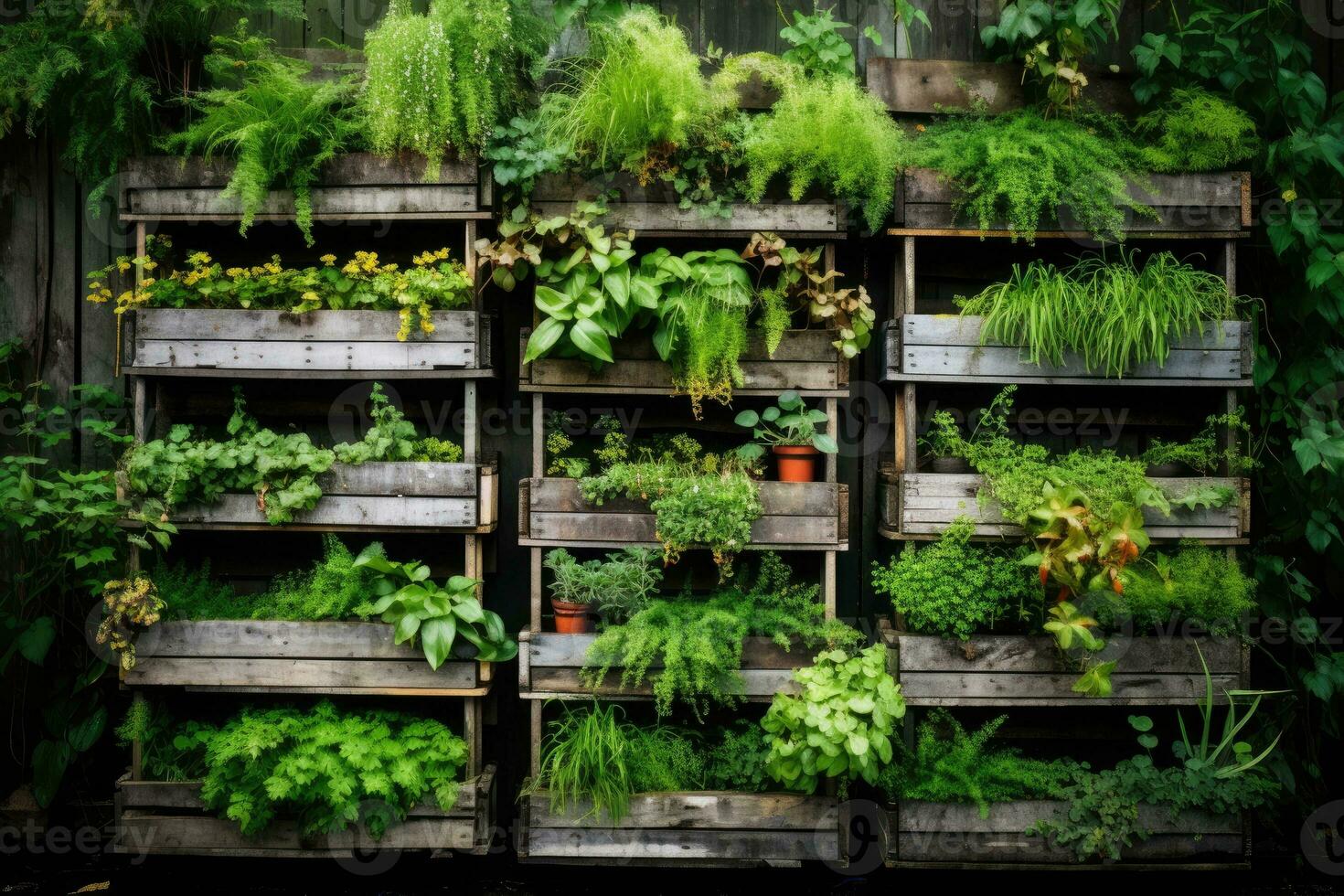 AI generated Recycled pallets with hanging plants creating a vertical garden photo
