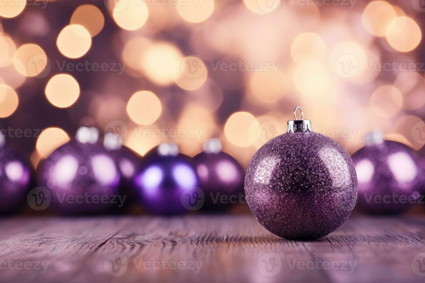 AI generated Christmas decorations with purple christmas balls and place for text. photo