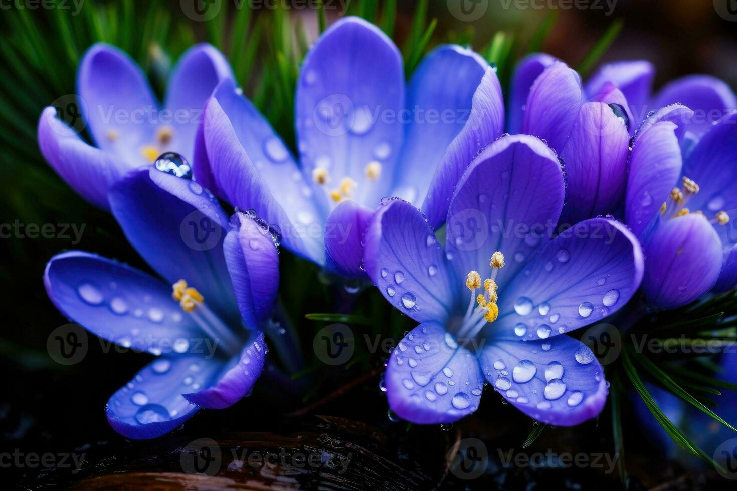 AI generated Spring flowers of blue crocuses with drops of water photo