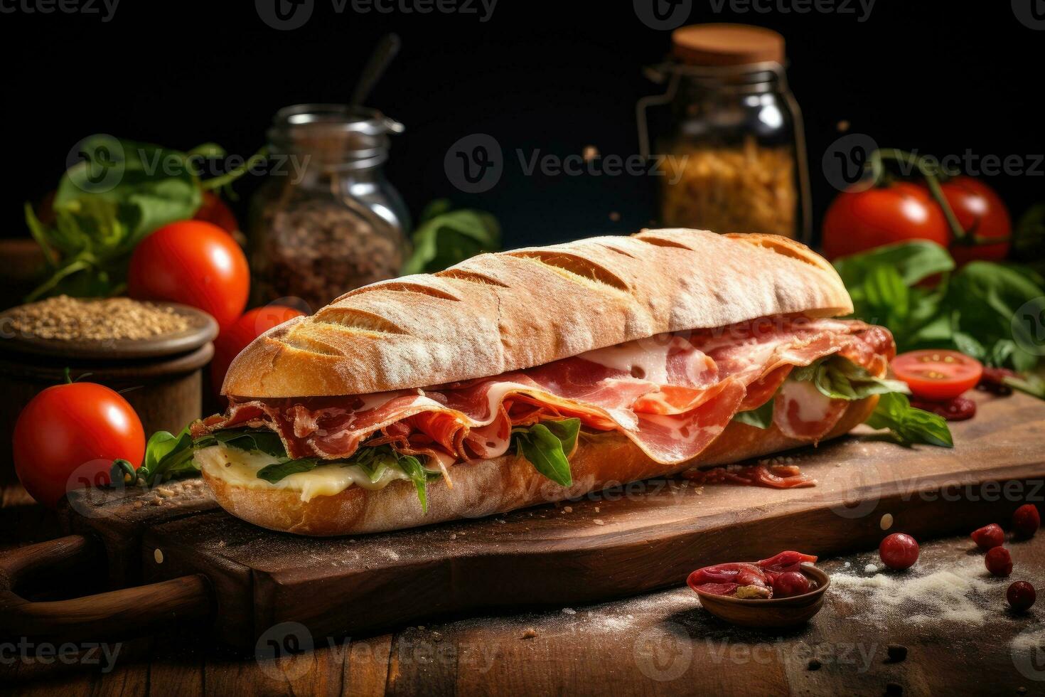 AI generated Sandwich with prosciutto, tomato and cheese on a wooden rustic background. photo