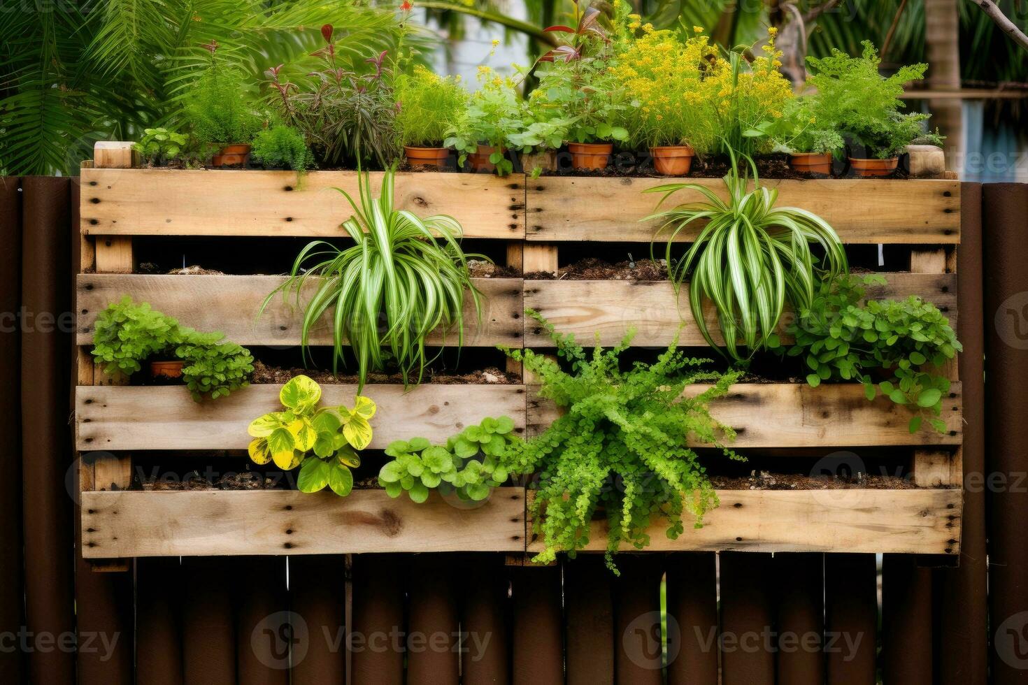 ai generado reciclado paletas con colgando plantas creando un vertical jardín foto