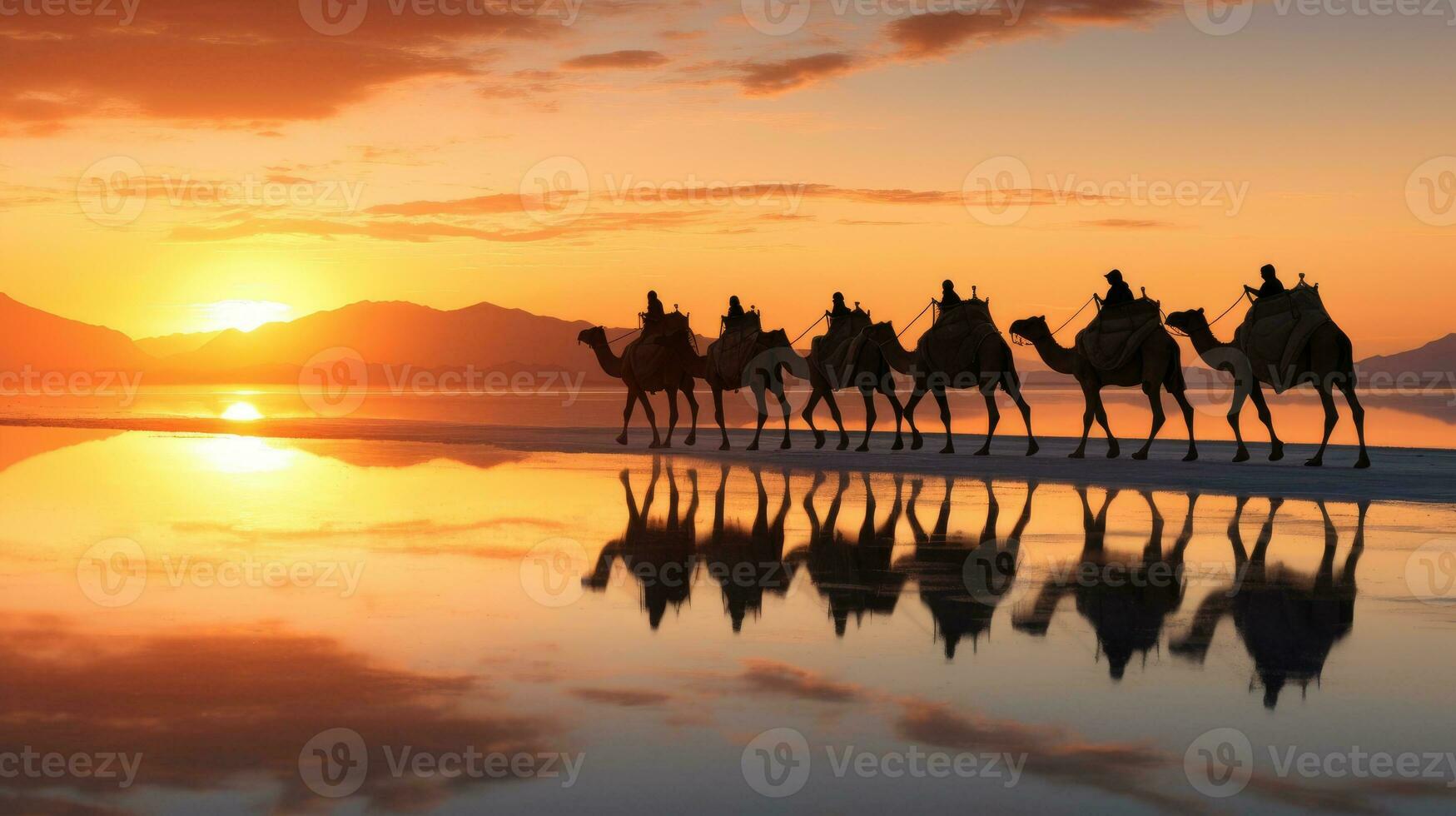 AI generated Caravan of camels on the salt lake at sunrise. photo