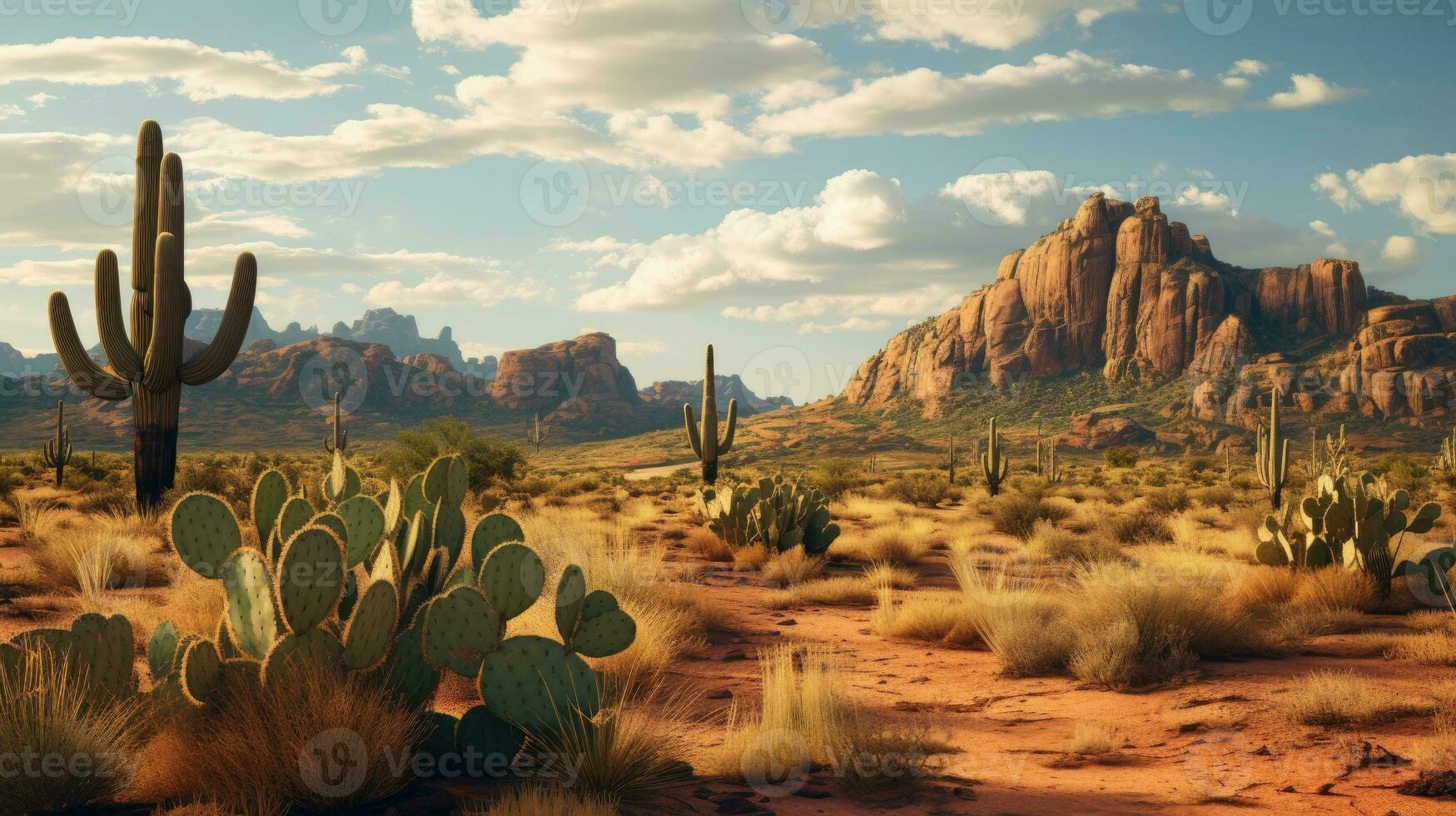 AI generated Wild West Texas desert landscape with mountains and cacti. photo