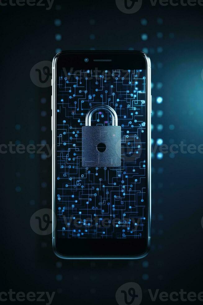 AI generated Cyber security, mobile phone with safety lock system for network. Smartphone screen for privacy, antivirus or hacking photo