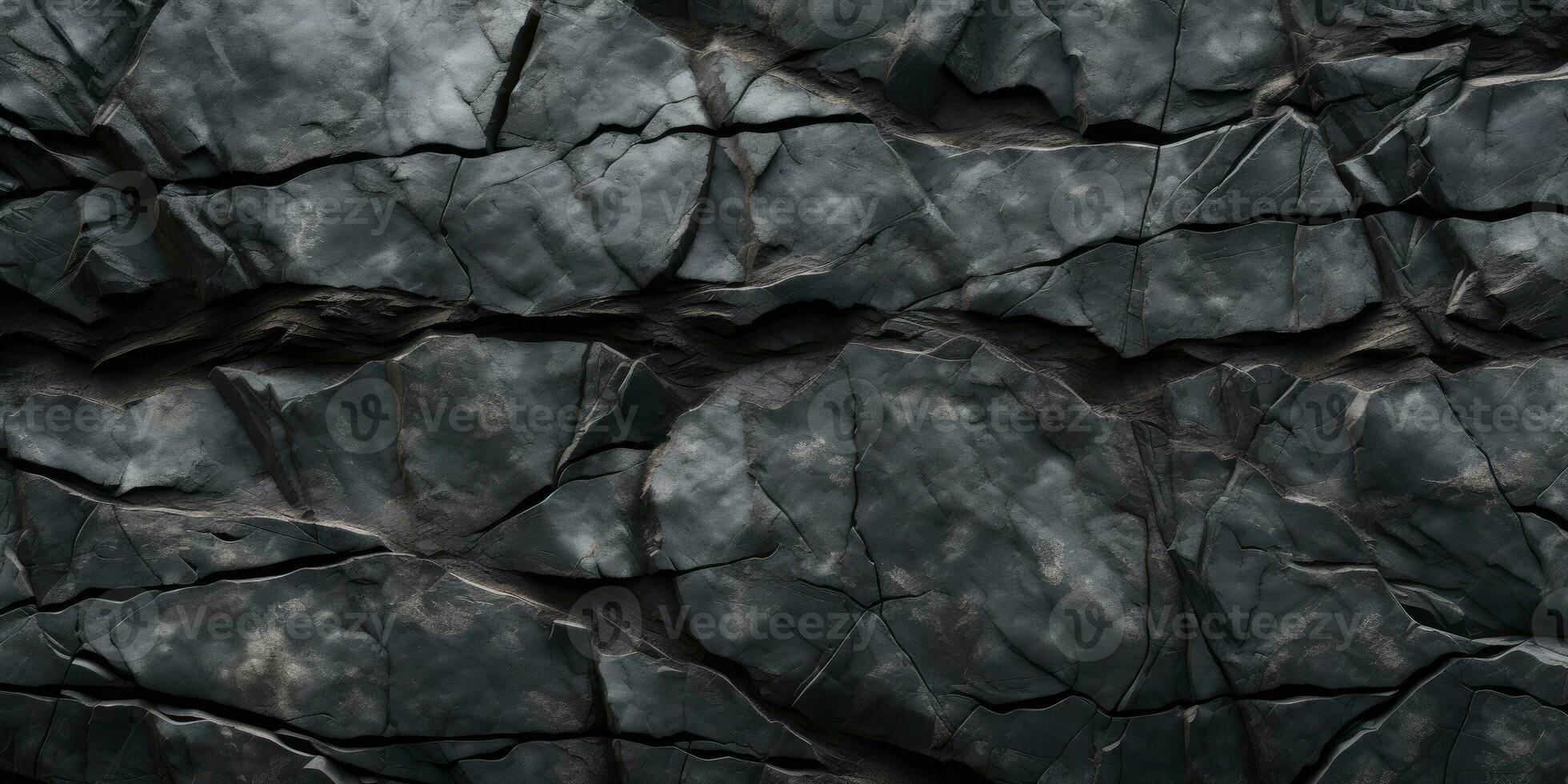 AI generated Rock texture with cracks. Black stone background with copy space for design. Wide banner. photo