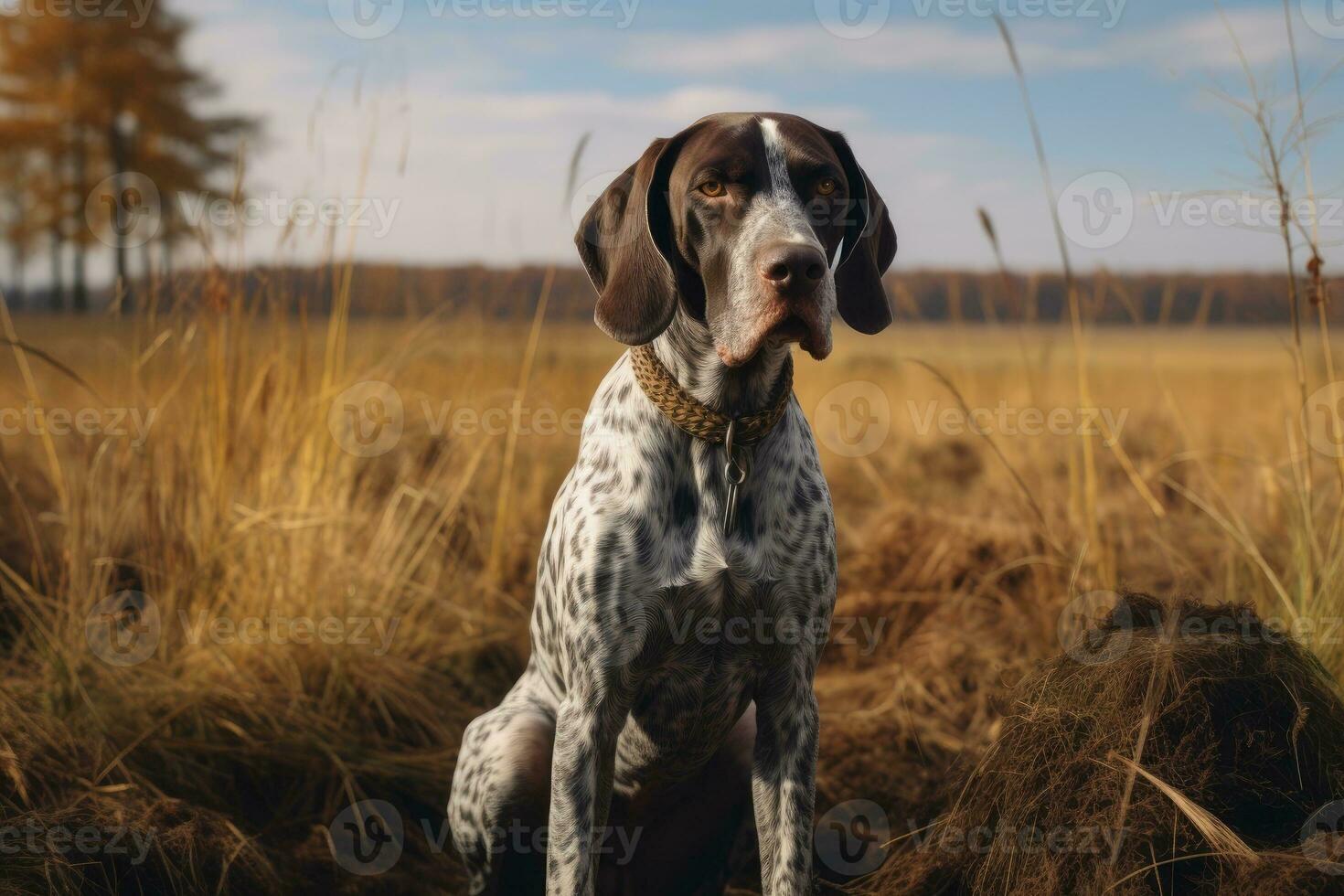 AI generated German shorthaired pointer. Hunting dog in the field. photo