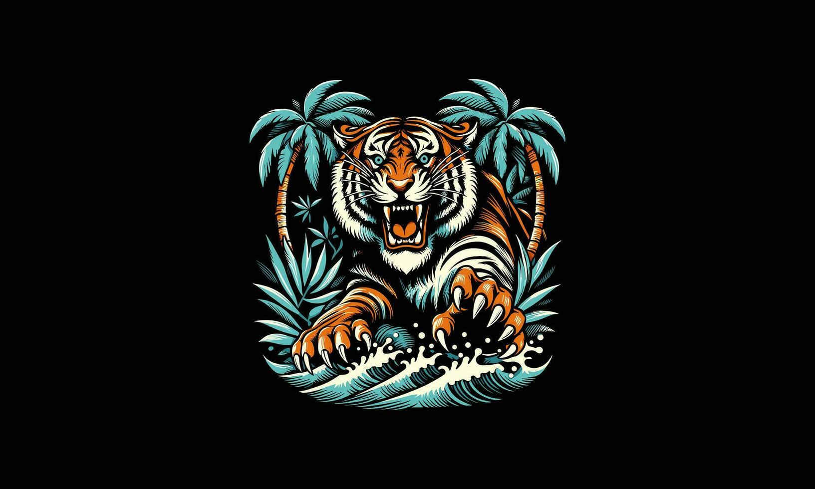 Tigre enojado con palma vector plano diseño