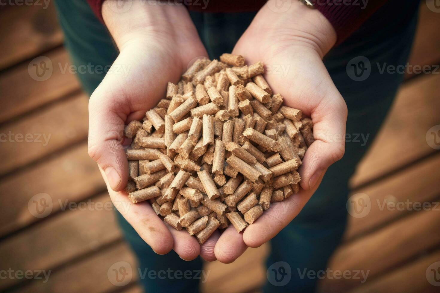 AI generated Male hands holding wood pellets. Ecologic fuel made from biomass. Renewable energy source. photo