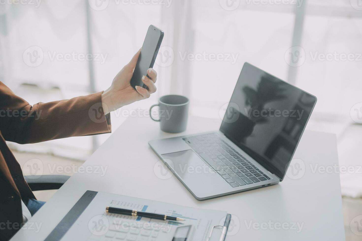 Audit concept,Administrator business man financial inspector and secretary making report calculating balance. Internal Revenue Service checking document. photo