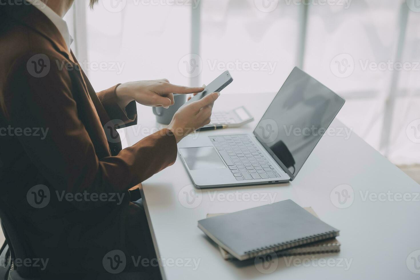 Audit concept,Administrator business man financial inspector and secretary making report calculating balance. Internal Revenue Service checking document. photo