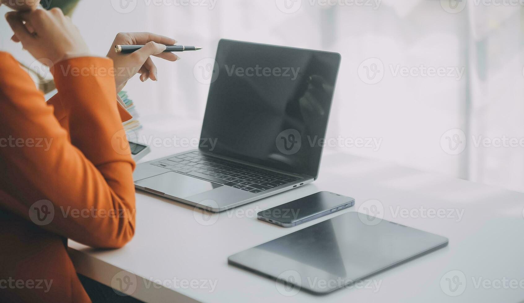Audit concept,Administrator business man financial inspector and secretary making report calculating balance. Internal Revenue Service checking document. photo