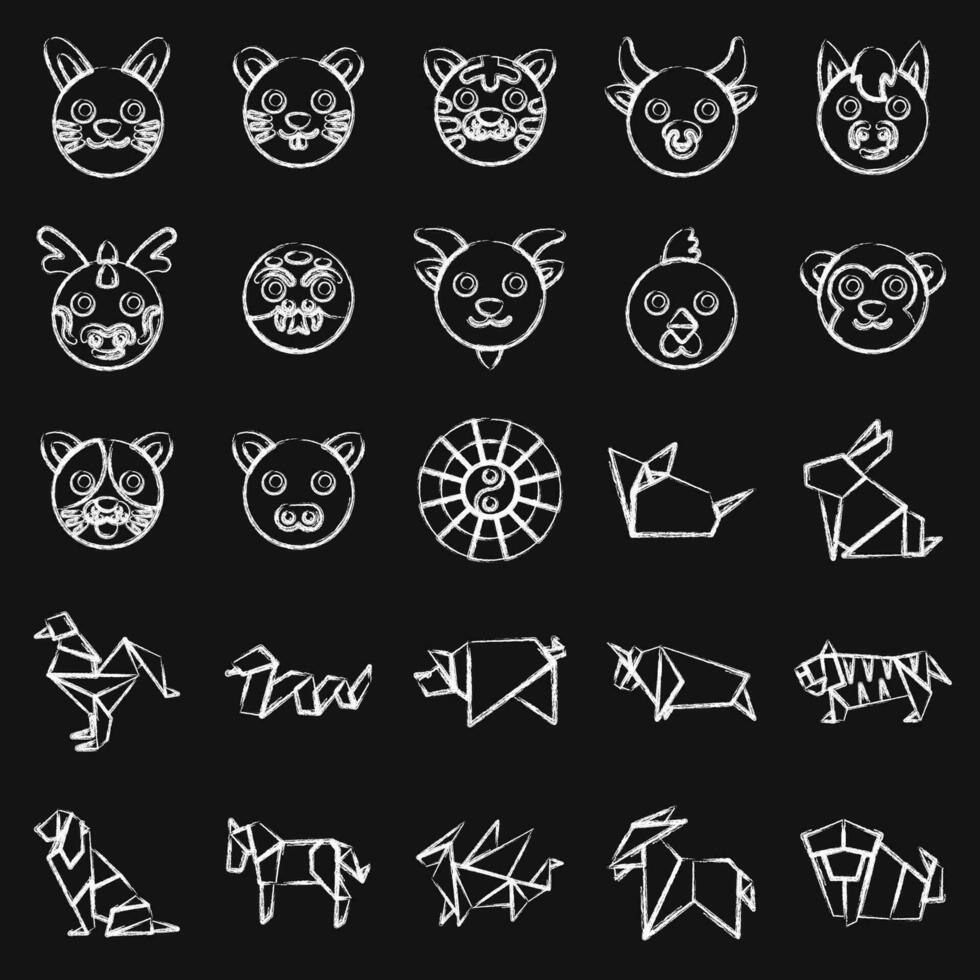Icon set of chinese zodiac. Chinese Zodiac elements. Icons in chalk style. Good for prints, posters, logo, advertisement, decoration,infographics, etc. vector