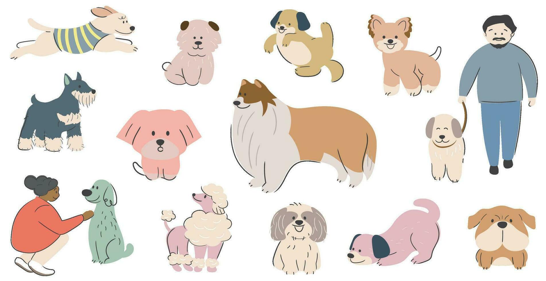 Cute Hand-Drawn Cartoonish Dogs Vector Illustration Set Isolated On A White Background.