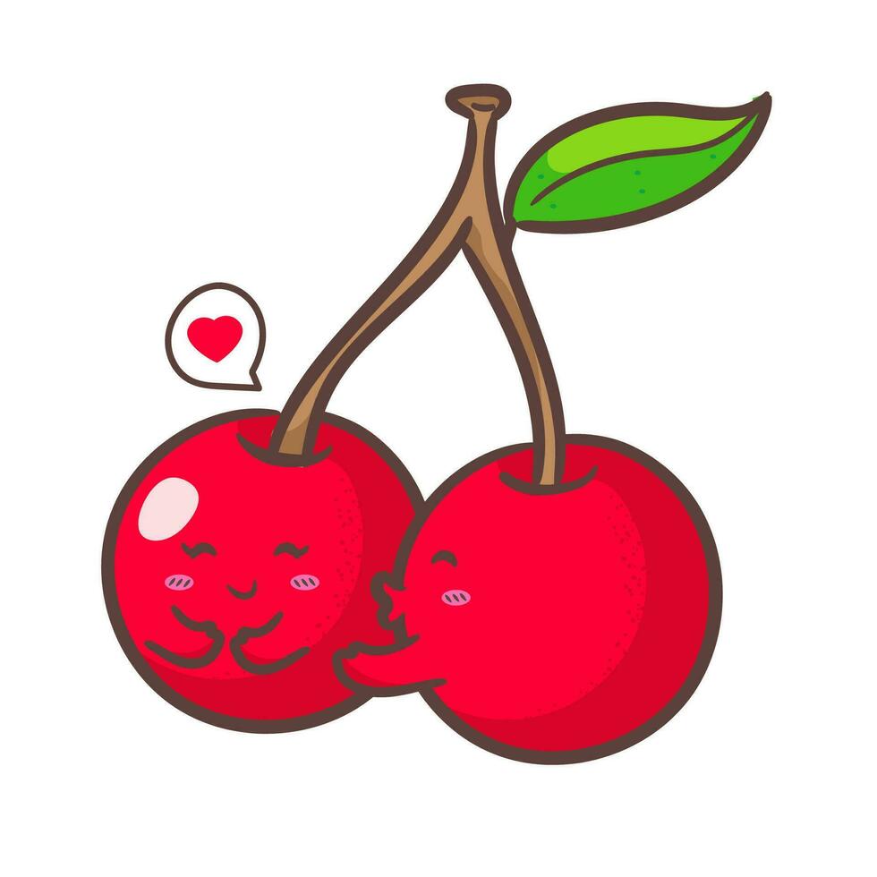 Cute couple cherries kissing cartoon. Hand drawn kawaii couple fruit concept icon design. Isolated white background. Flat vector illustration.