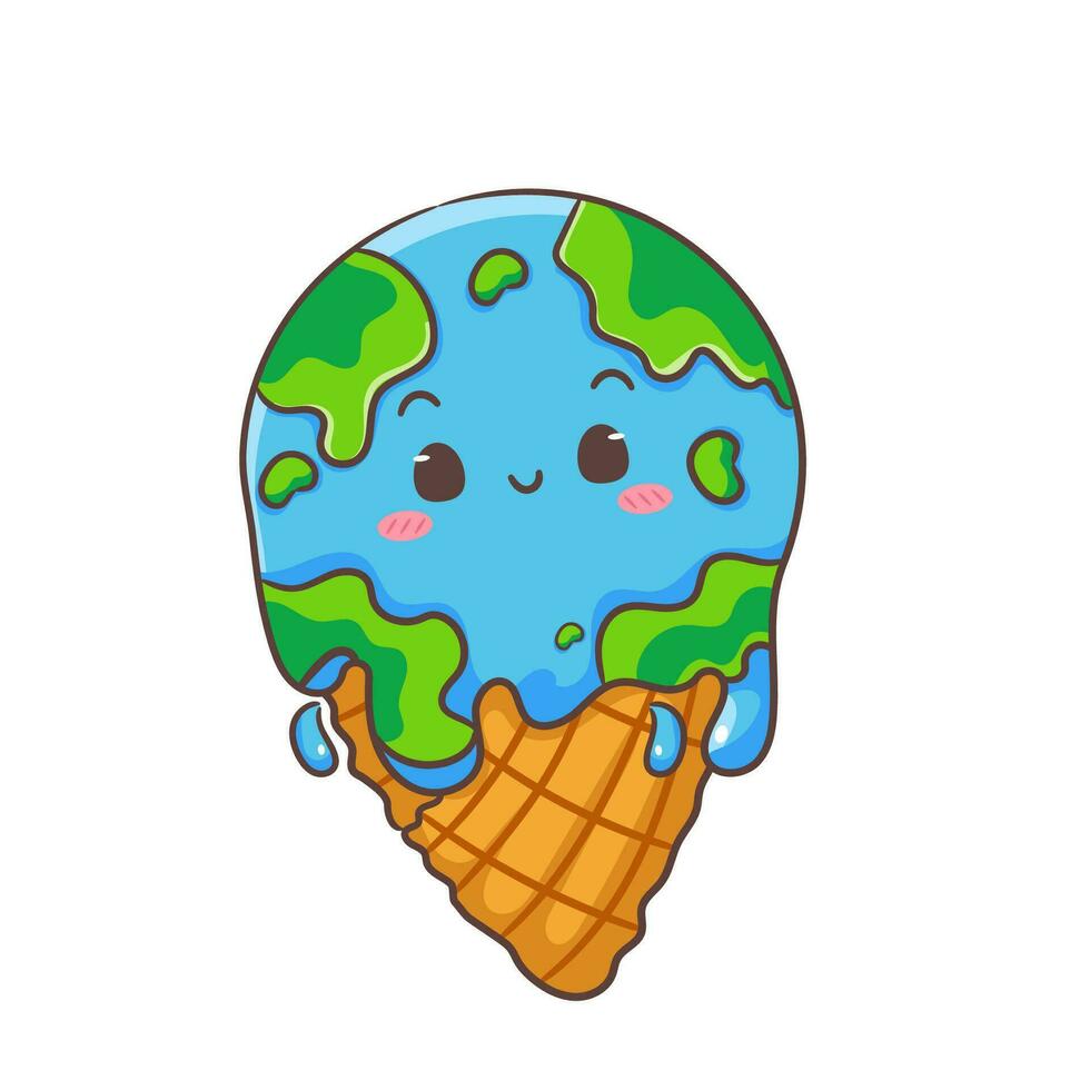 Cute ice cream earth melted cartoon. Global warming and climate change concept design. Isolated white background. Globe flat vector illustration.