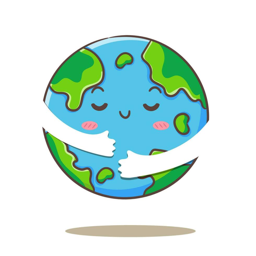 Cute earth hug cartoon. Save the planet concept design. Isolated white background. Globe flat vector illustration.