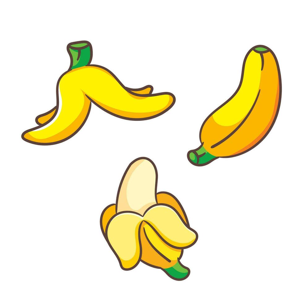 Set of banana cartoon vector illustration. Fruit and food concept design Flat style. isolated white background. Clip art icon design collection.